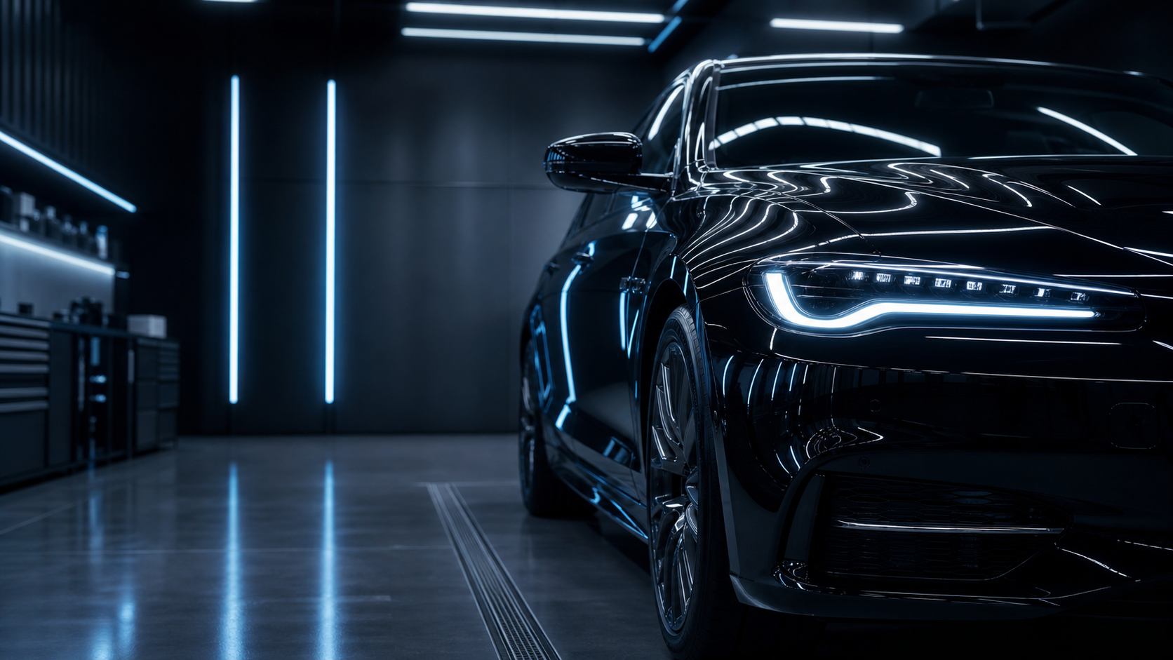 Premium automotive tech studio z czarnym autem w świetle LED